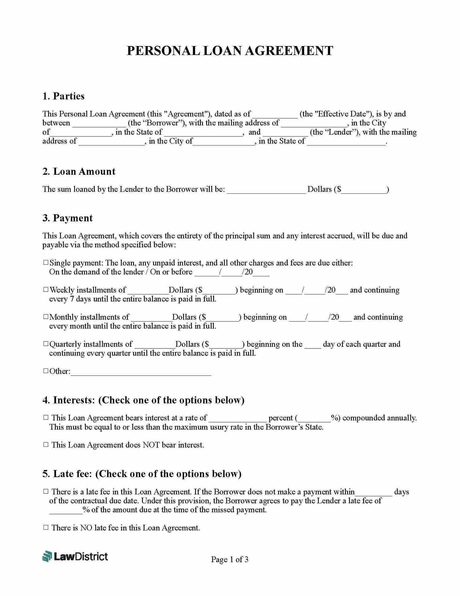 sample loan agreement template