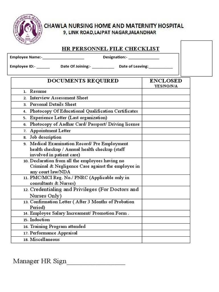 sample employee files checklist template