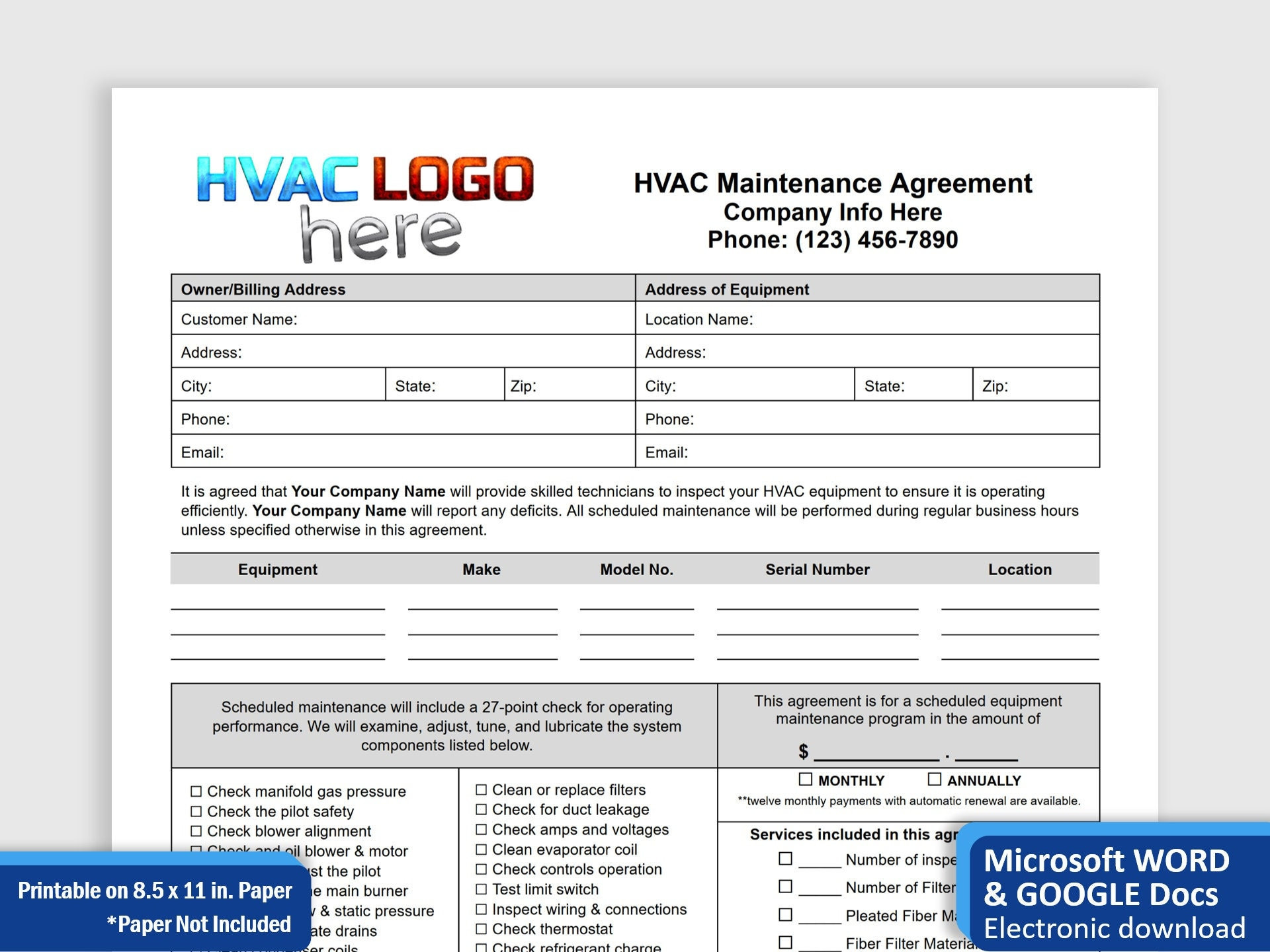 sample hvac service agreement template