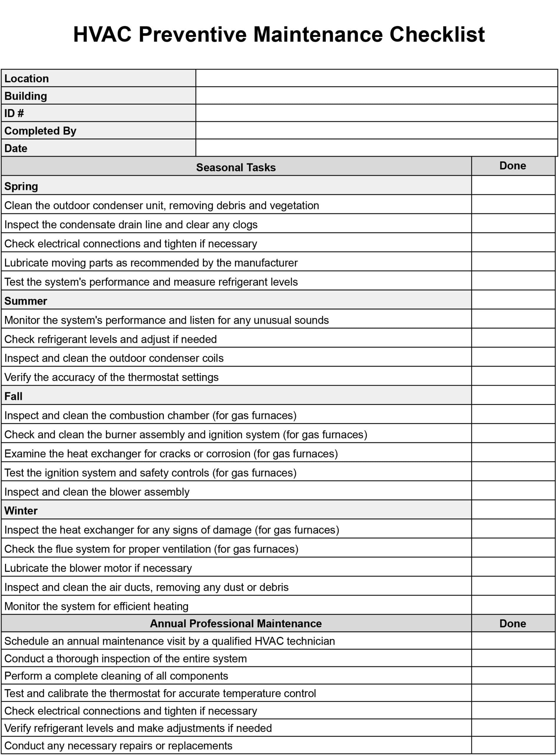 sample maintenance checklist template