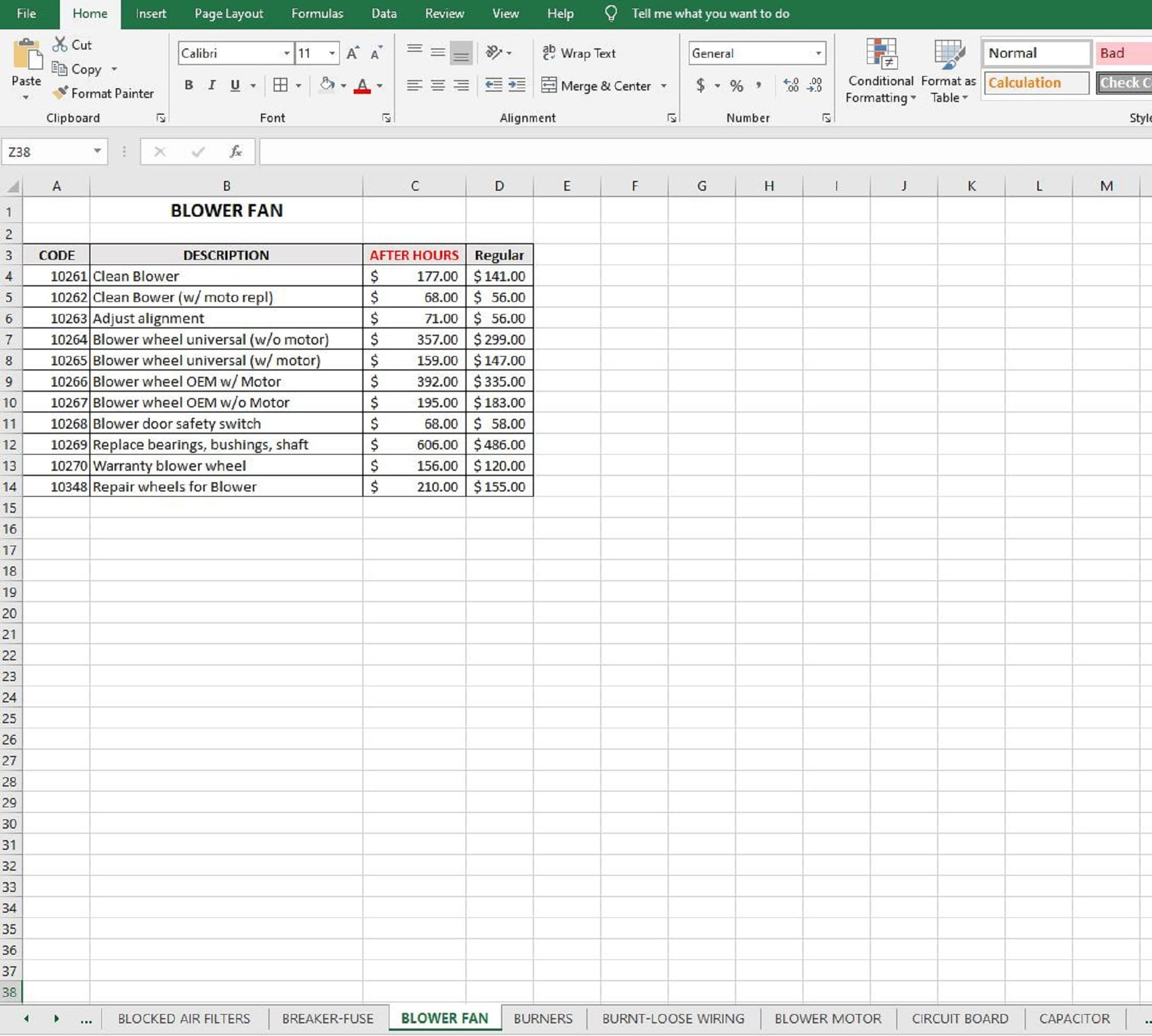 sample HVAC Price List Template