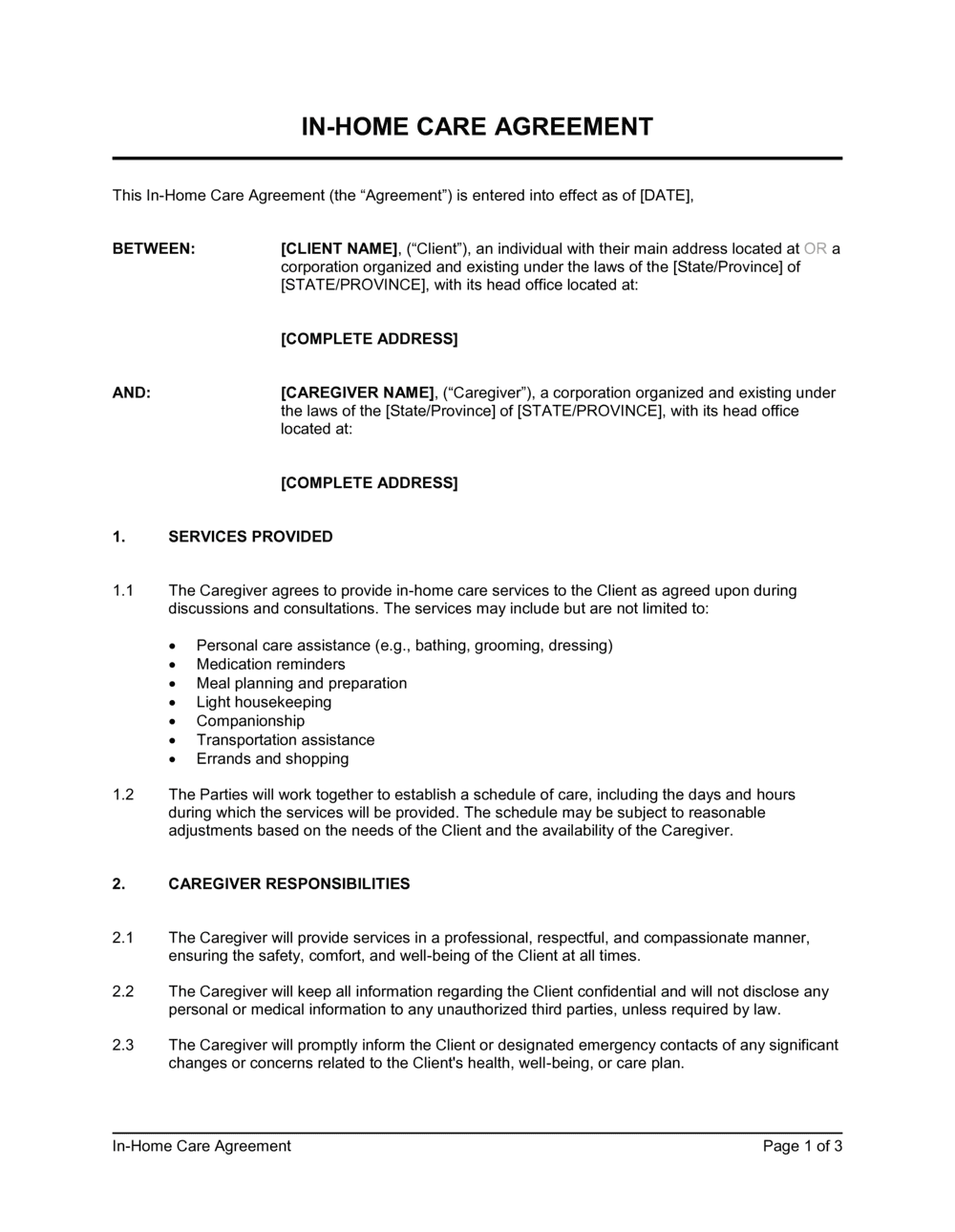 sample caregiver agreement template