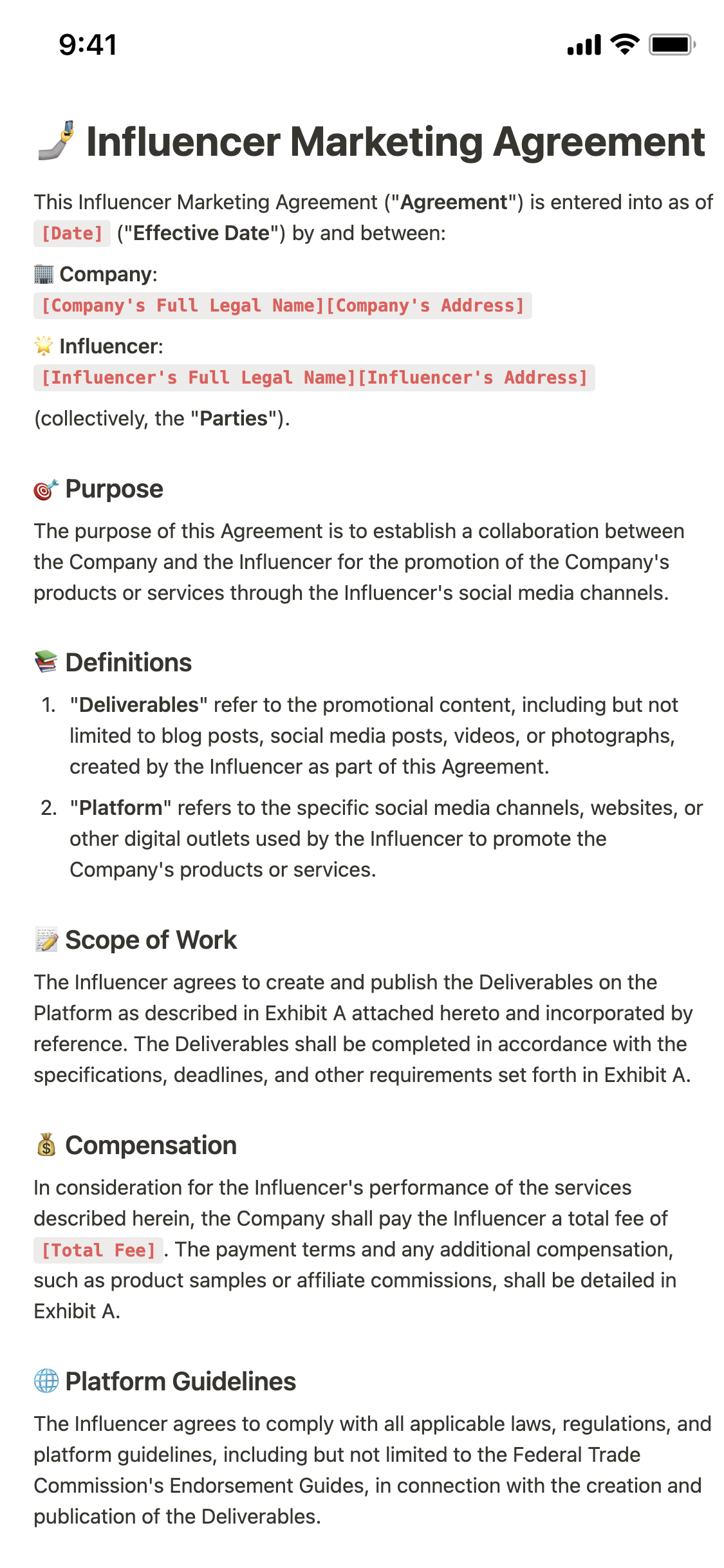 sample influencer agreement template