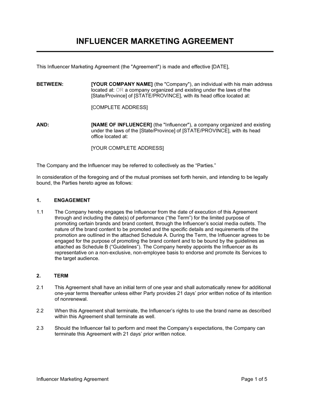 sample influencer agreement template