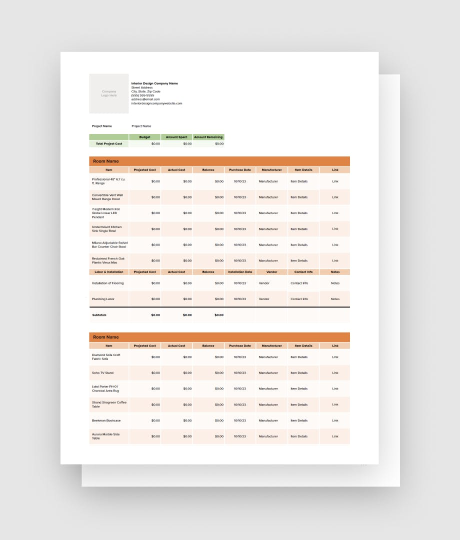 sample interior design budget template