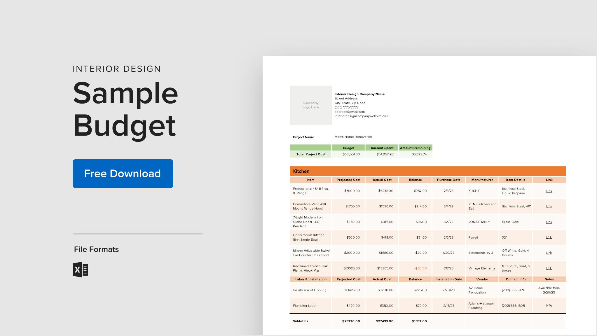 sample interior design budget template