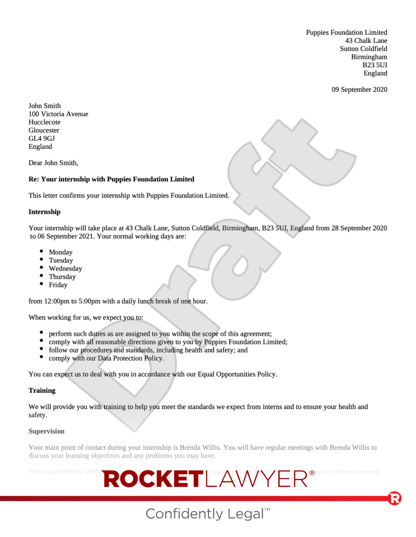 sample internship agreement template