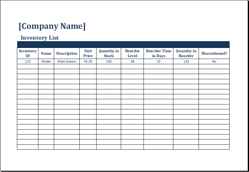 inventory chart template example