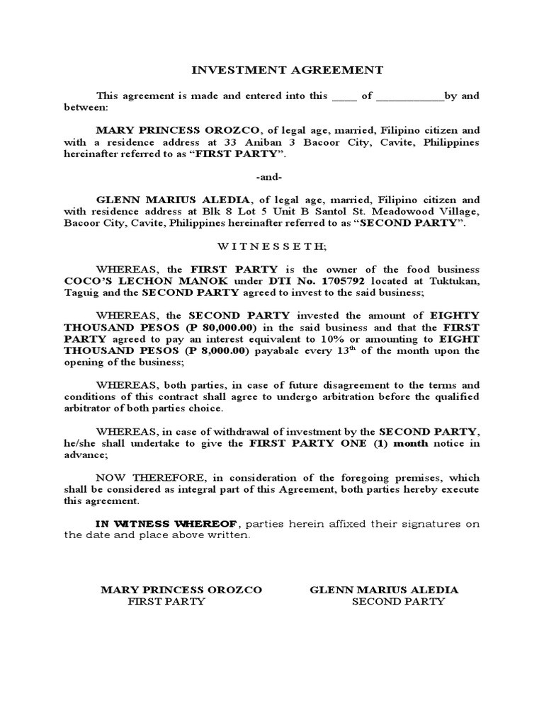 sample investment agreement template