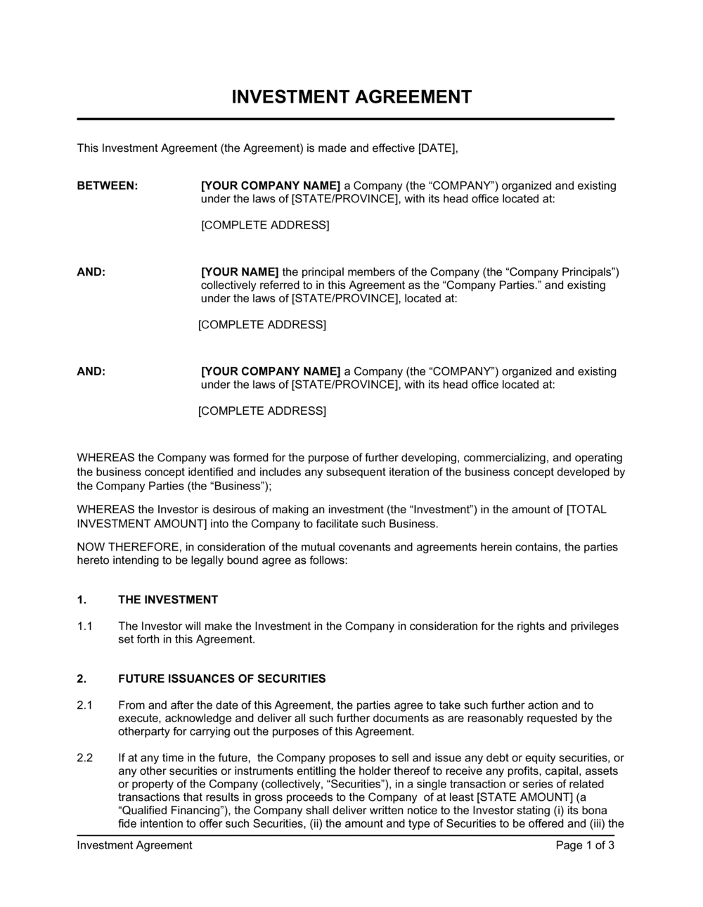 sample investment agreement template