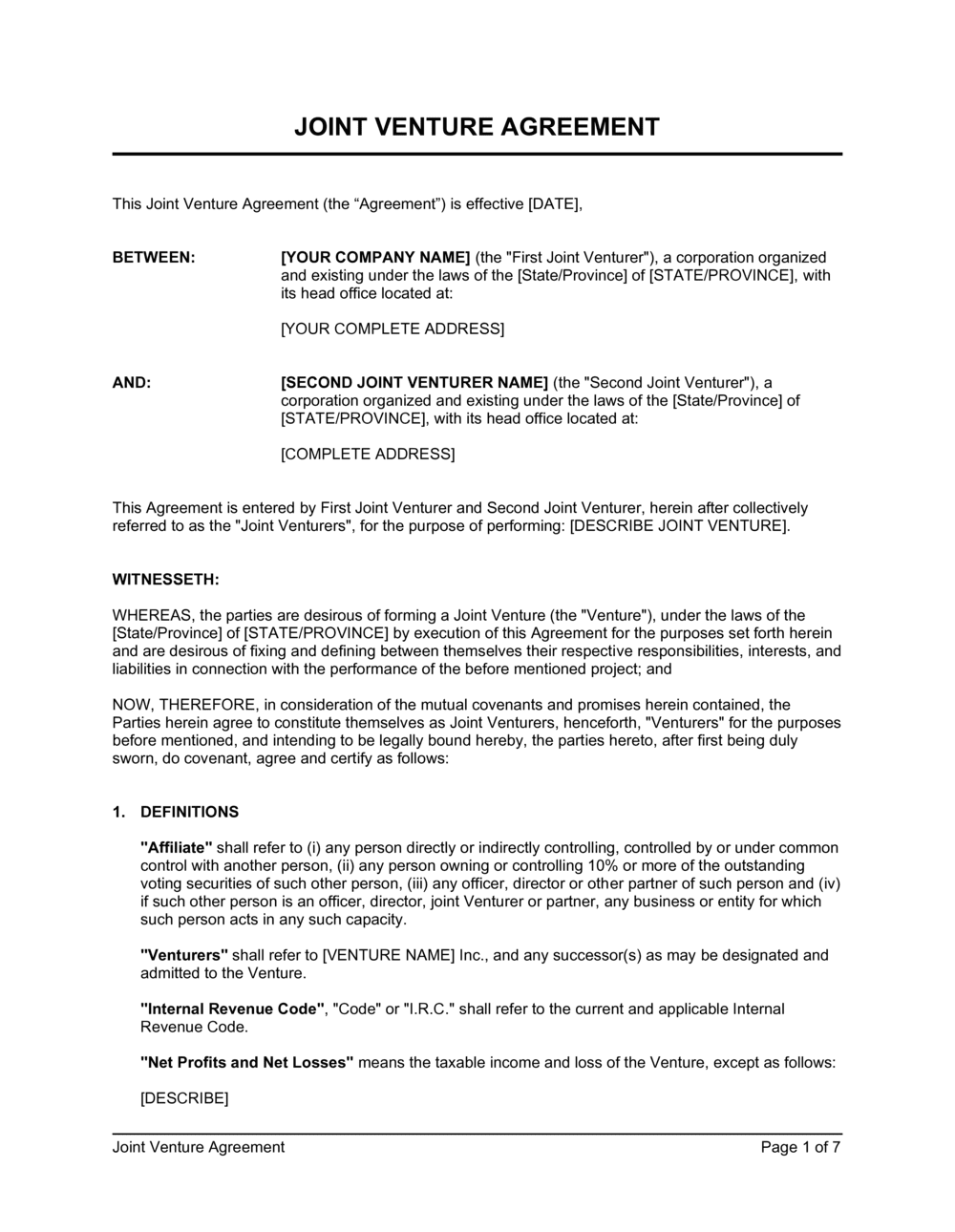 sample joint venture agreement template