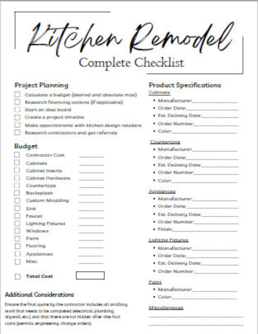 sample kitchen remodel checklist template