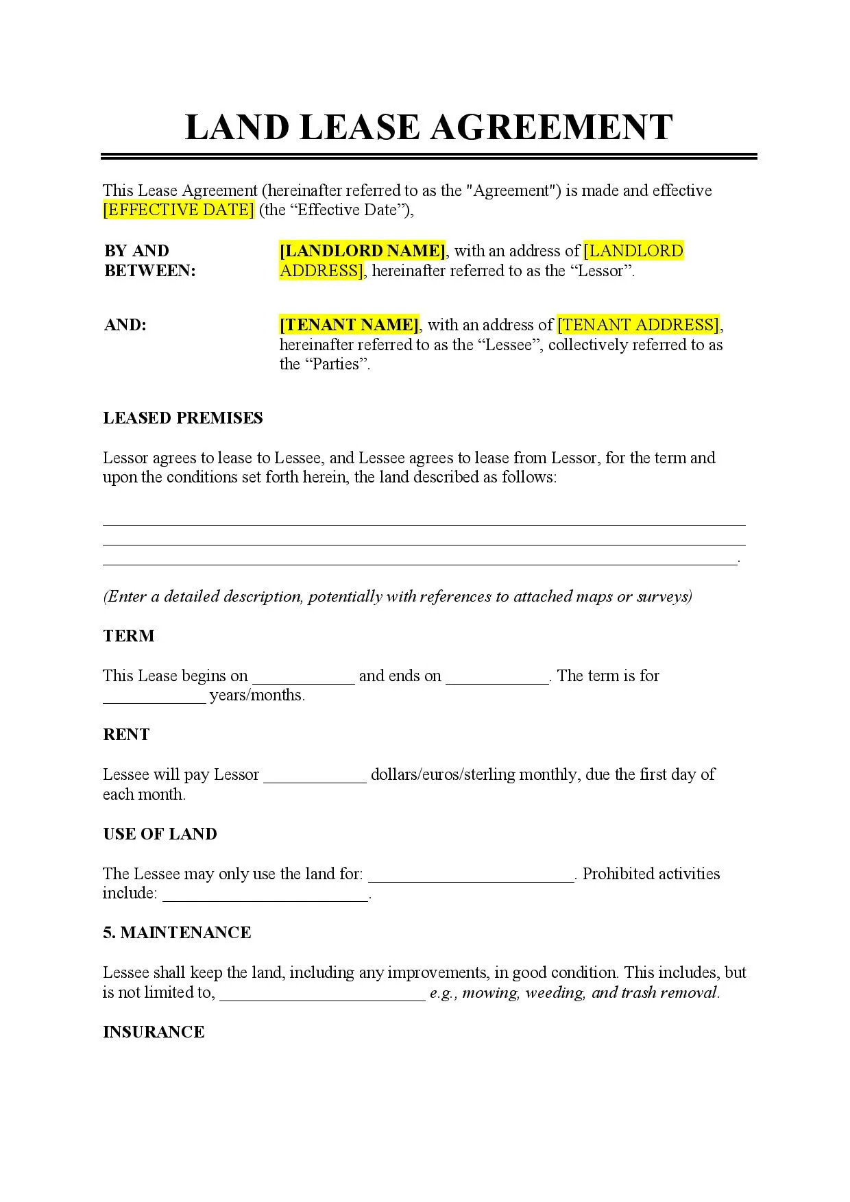 sample lease of agreement template