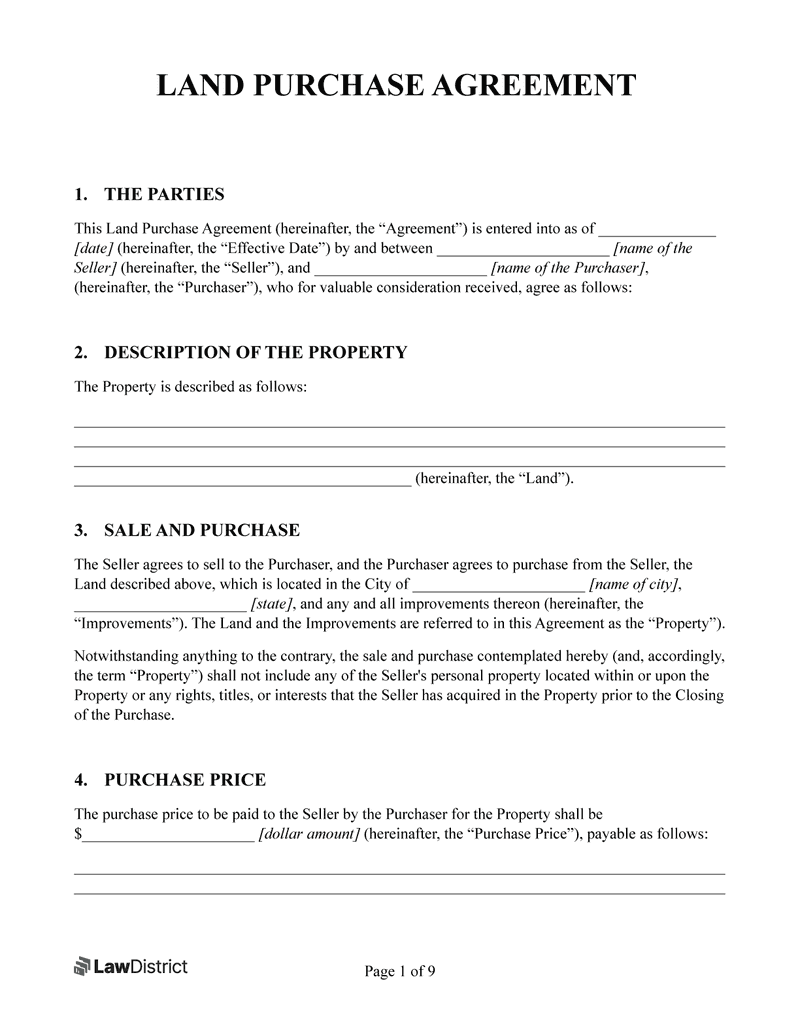 sample land purchase agreement template