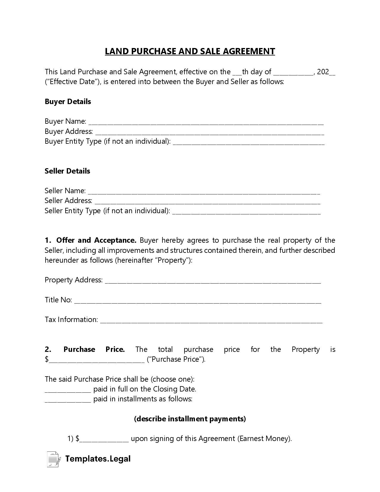 sample land purchase agreement template