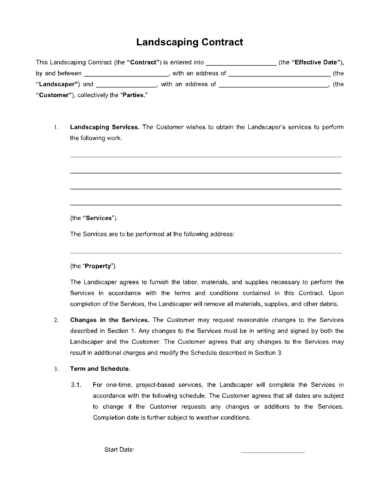 sample landscape contract agreement template