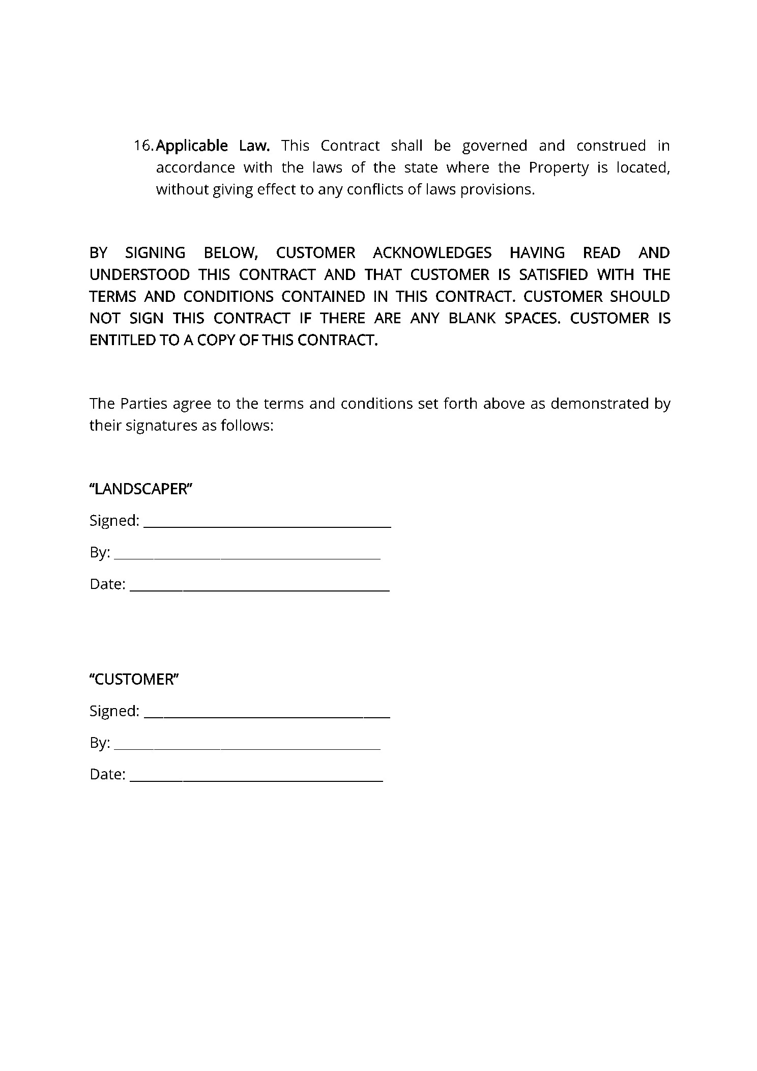 sample landscape contract agreement template