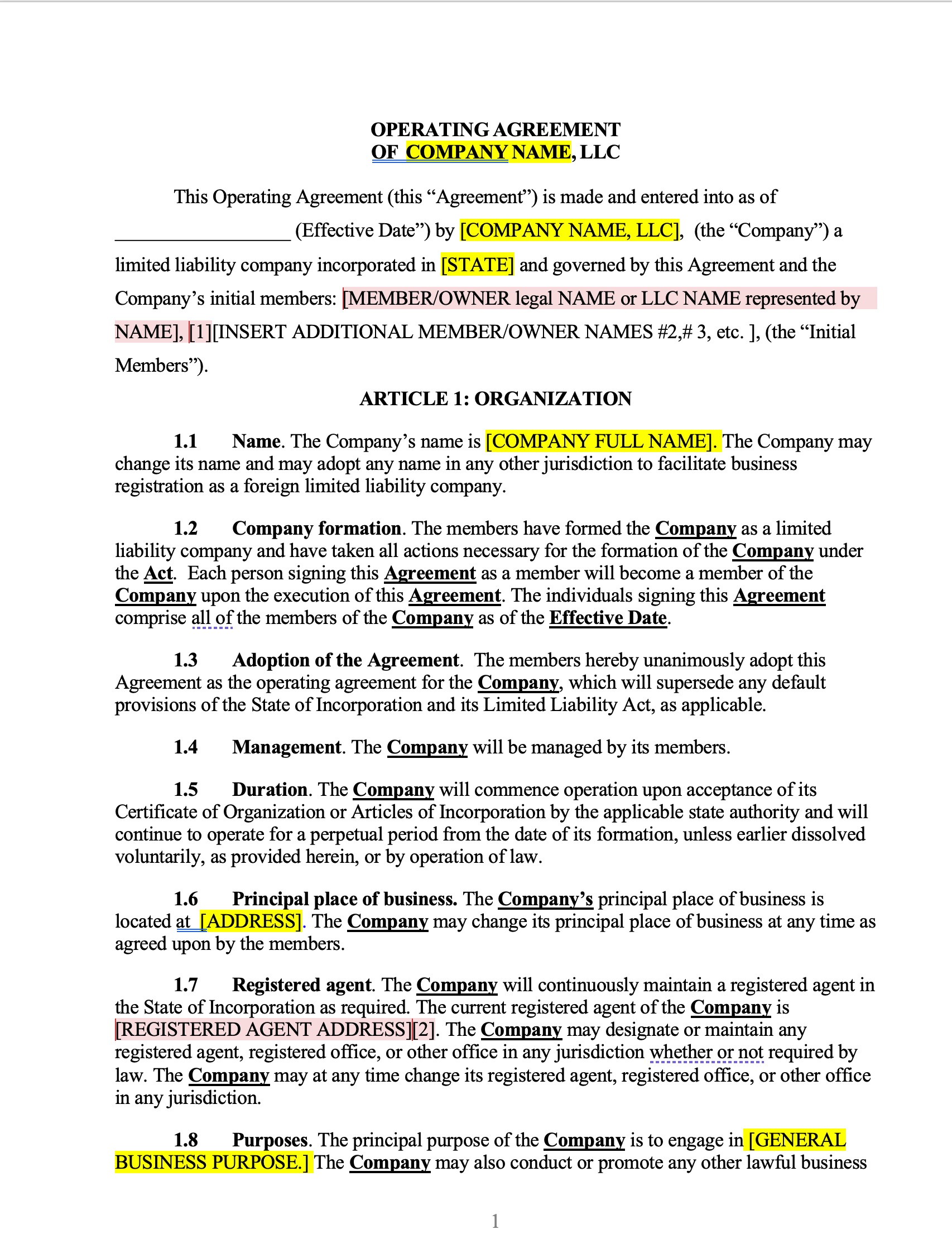 sample business operating agreement template