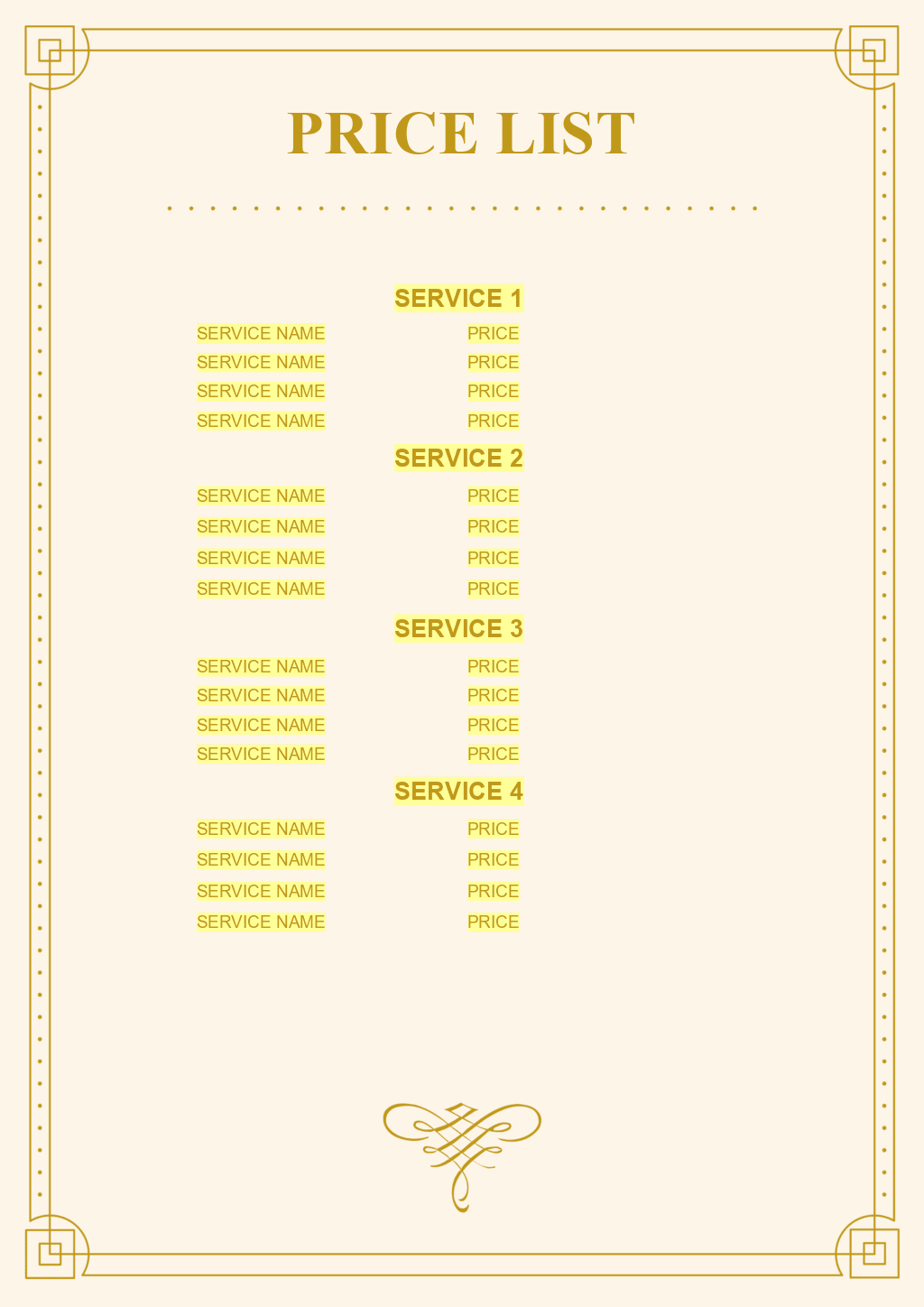 sample Makeup Price List Template