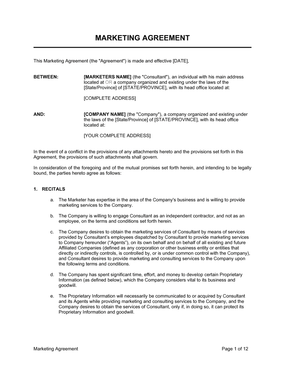 sample marketing agreement template