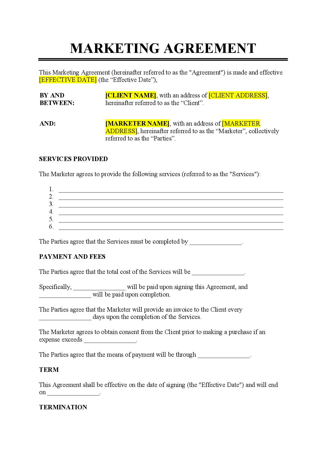 sample marketing agreement template