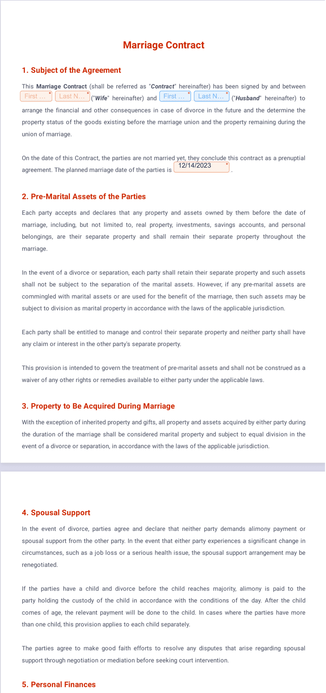 sample marriage agreement template