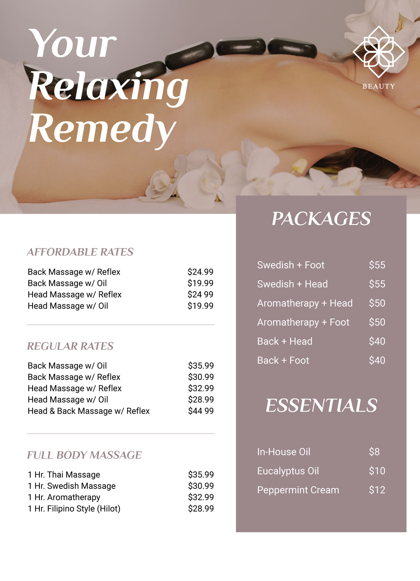 sample Massage Price List Template