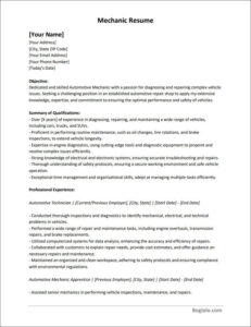 Downloadable mechanic resume template available in Word for easy editing