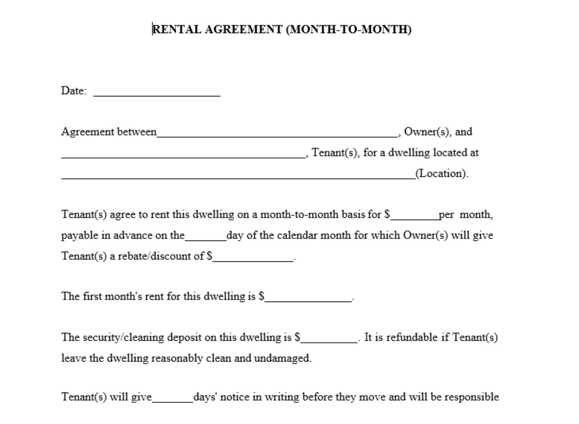 sample month to month rent agreement template