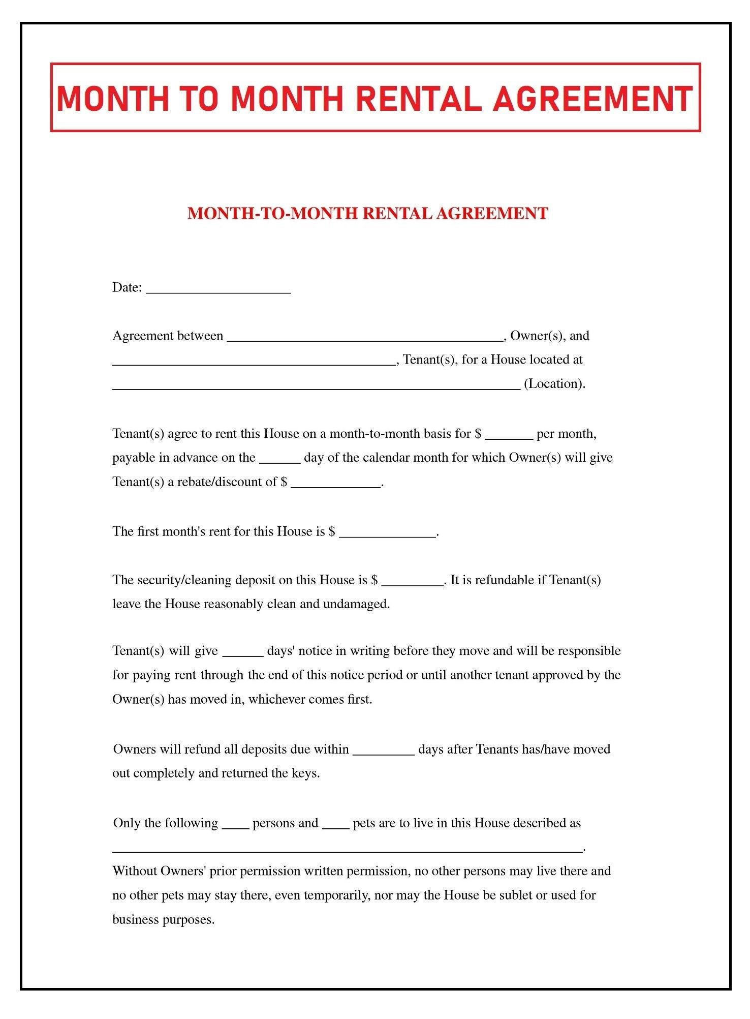 sample month to month rent agreement template