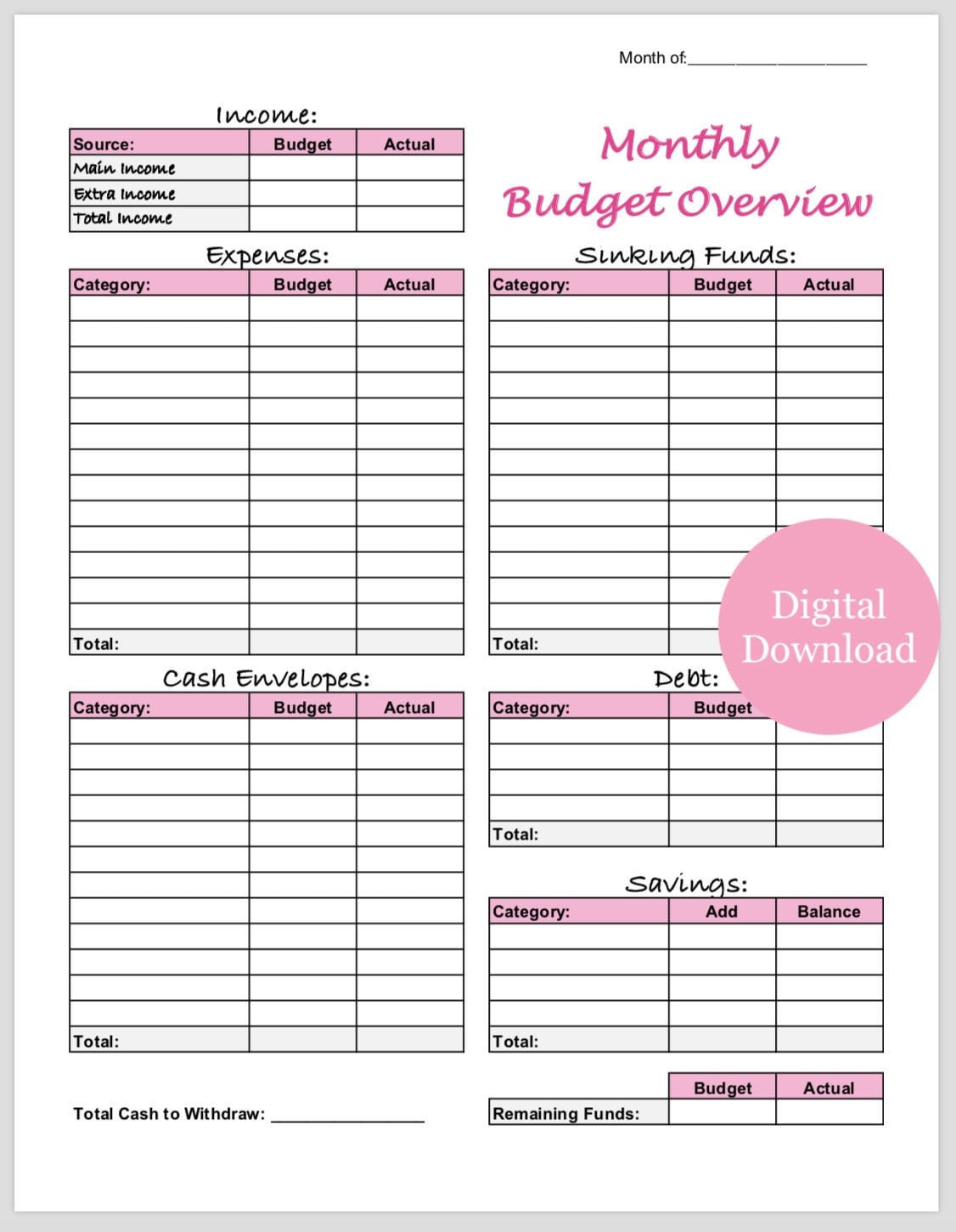 sample cash envelope budget template