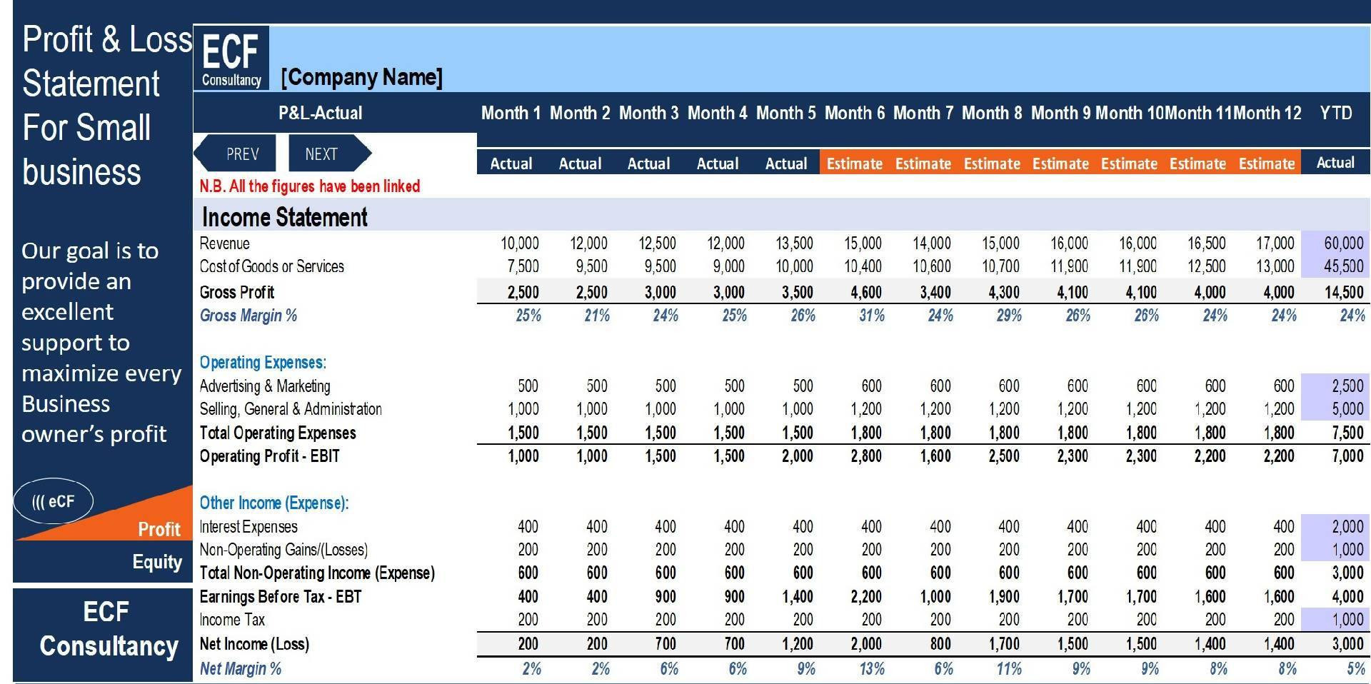 sample small business profit and loss template