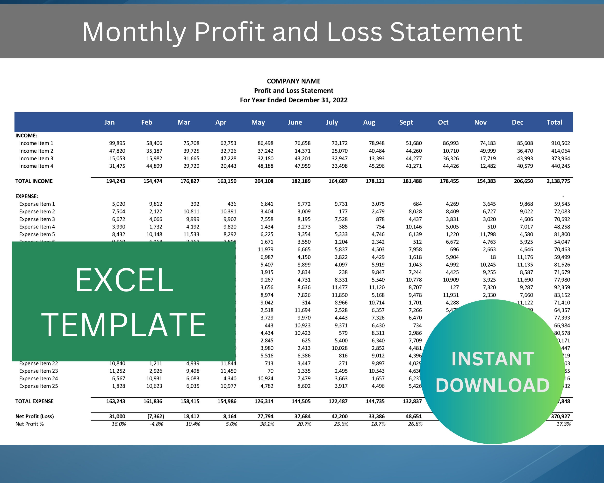 sample monthly profit and loss template