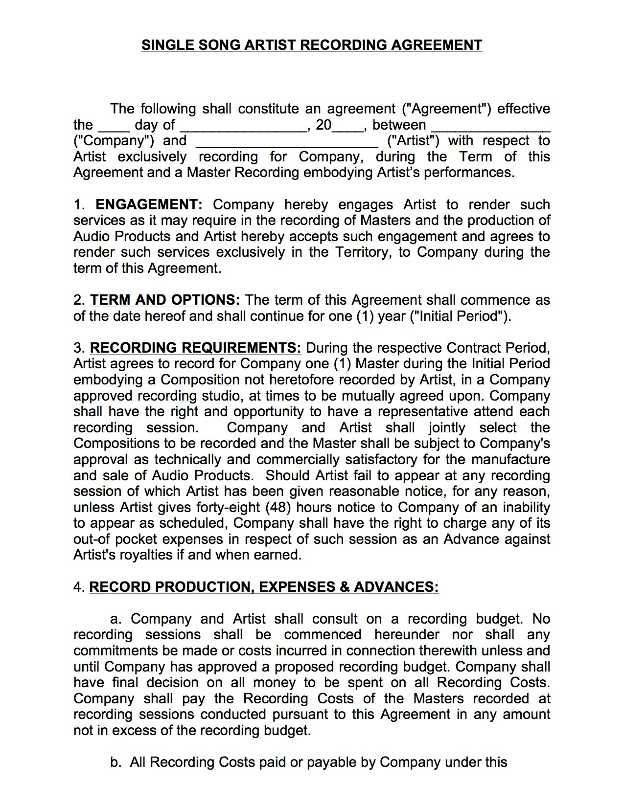 sample recording agreement template