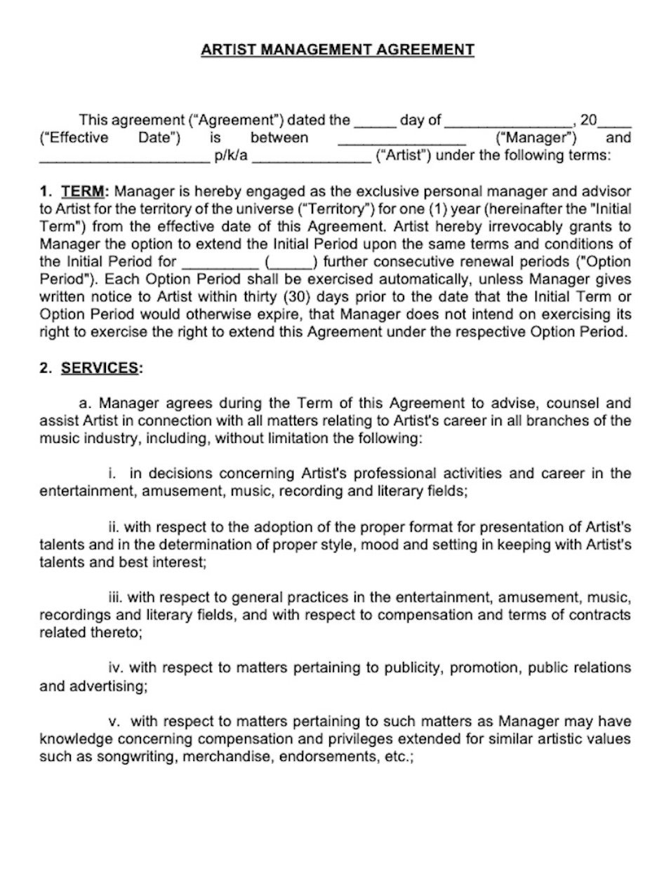 sample Talent Management Agreement Template