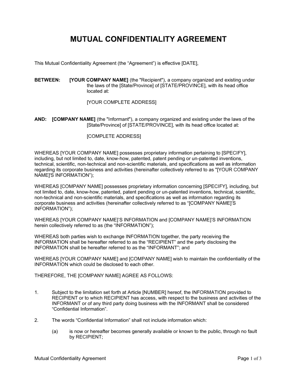 sample mutual confidentiality agreement template