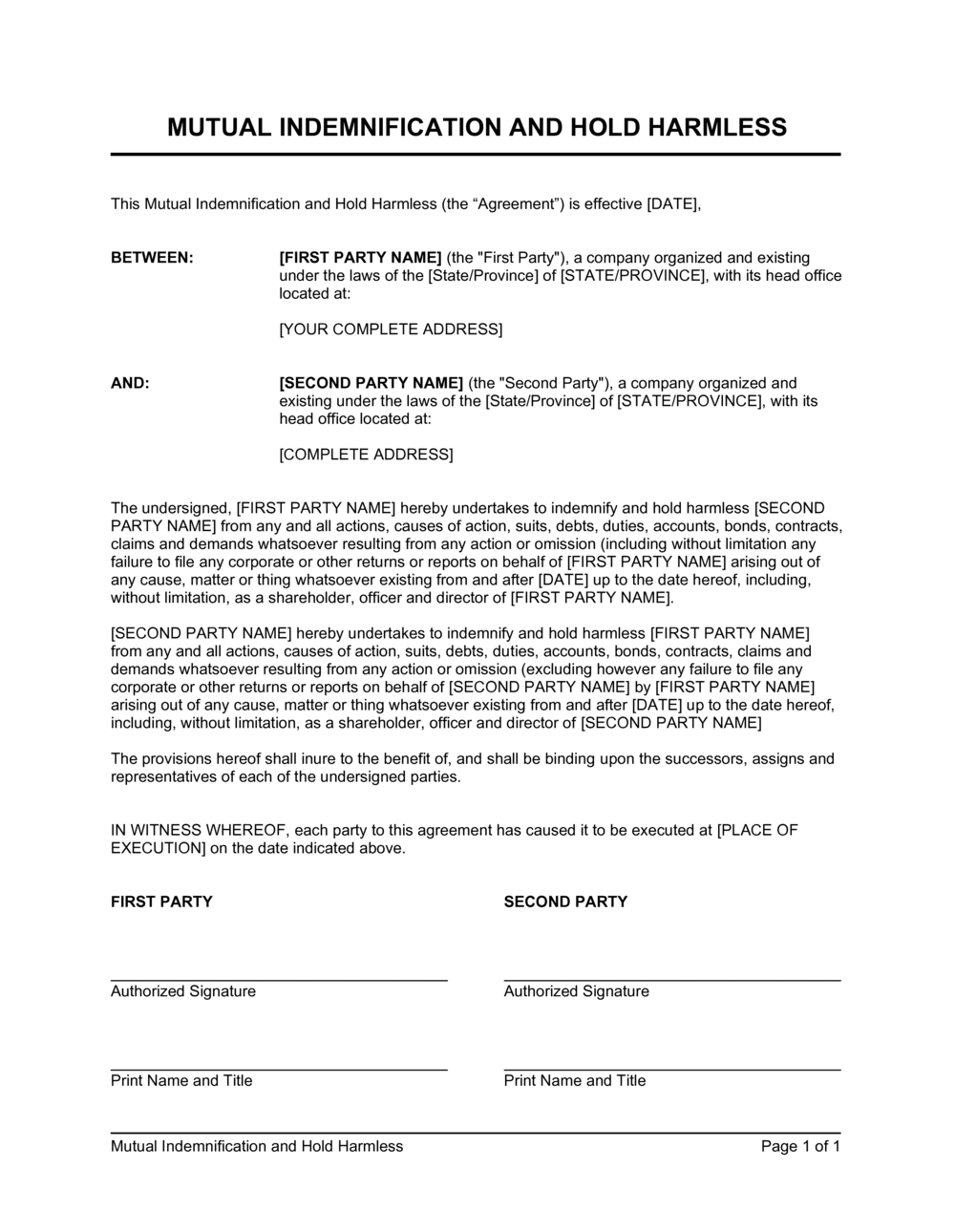 sample hold harmless agreement template