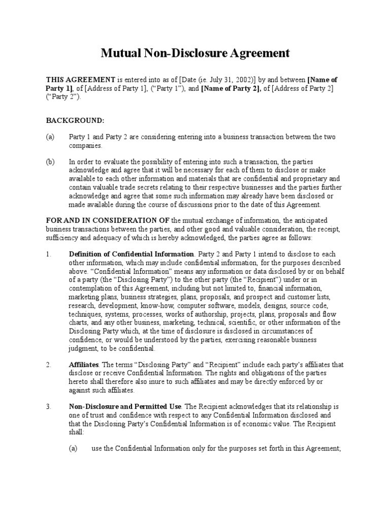 sample mutual confidentiality agreement template