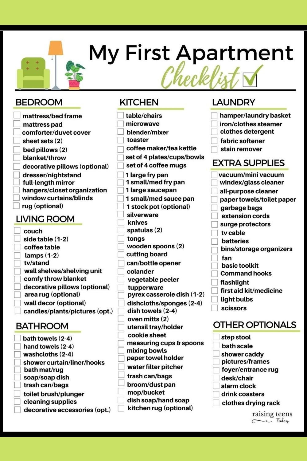 My First Apartment Checklist: FREE Printable - Raising Teens Today