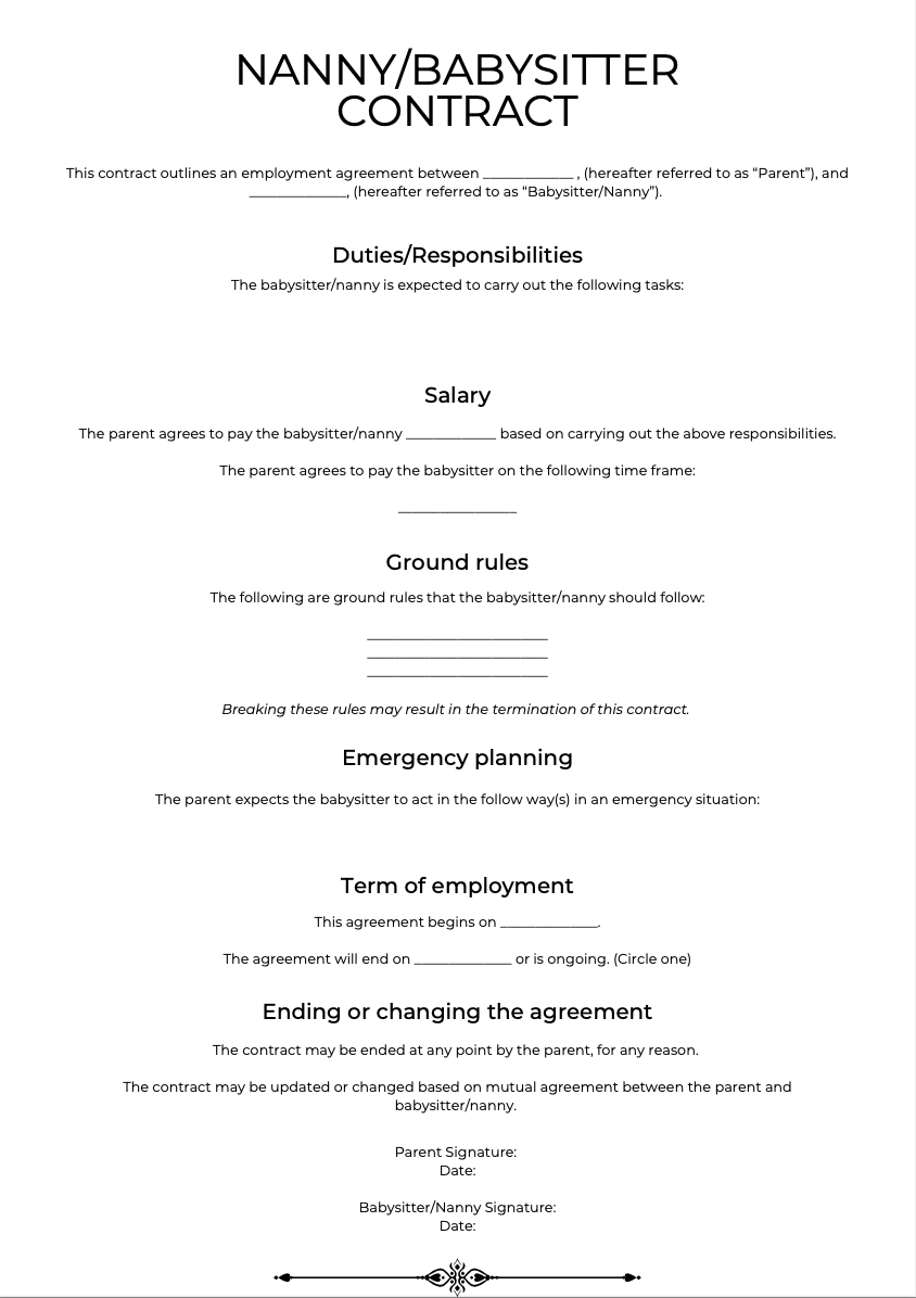 sample nanny agreement template