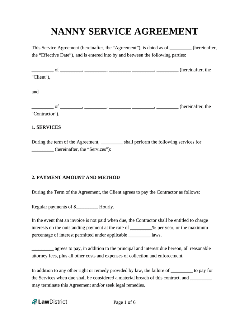 sample nanny agreement template