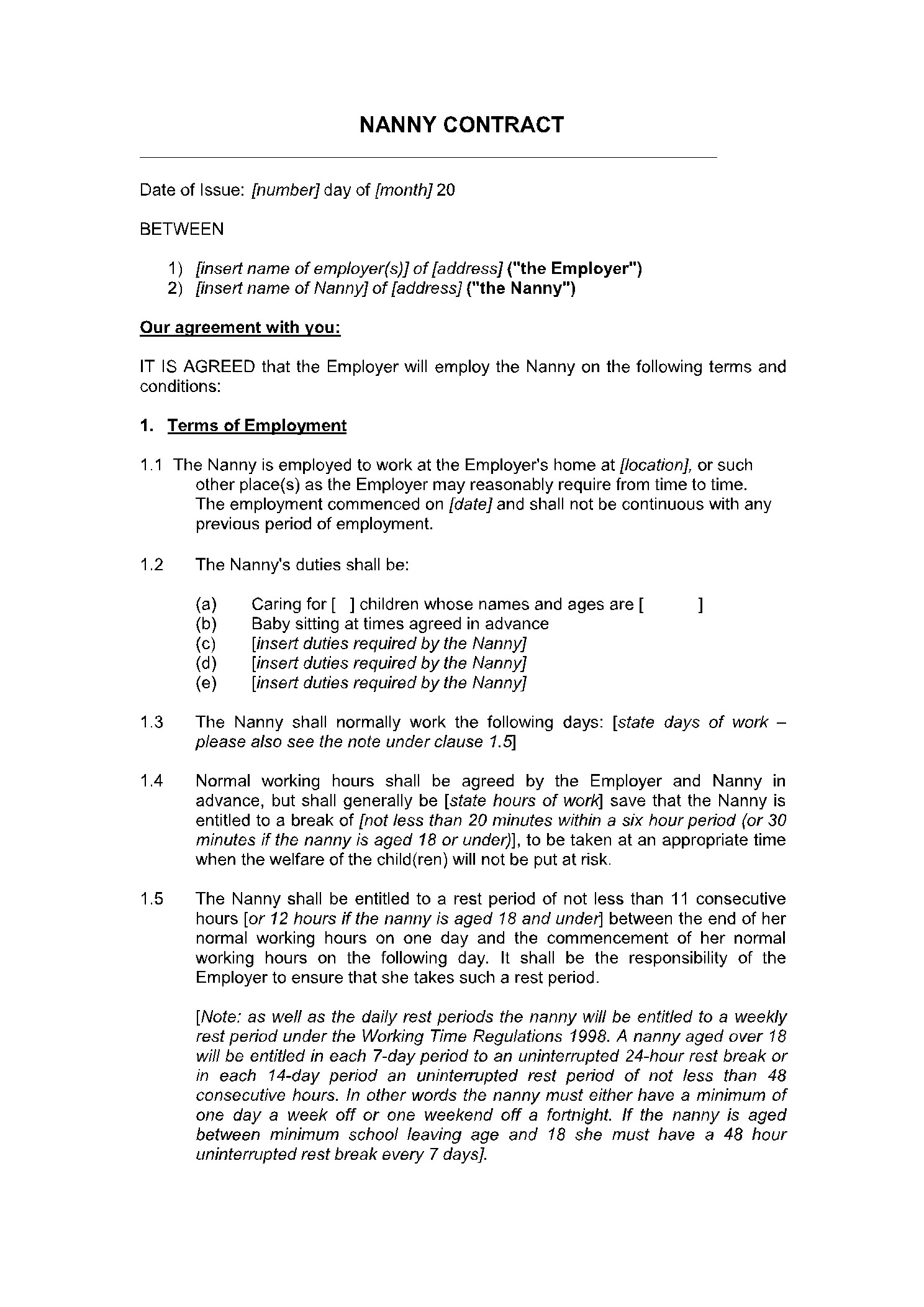 sample nanny agreement template