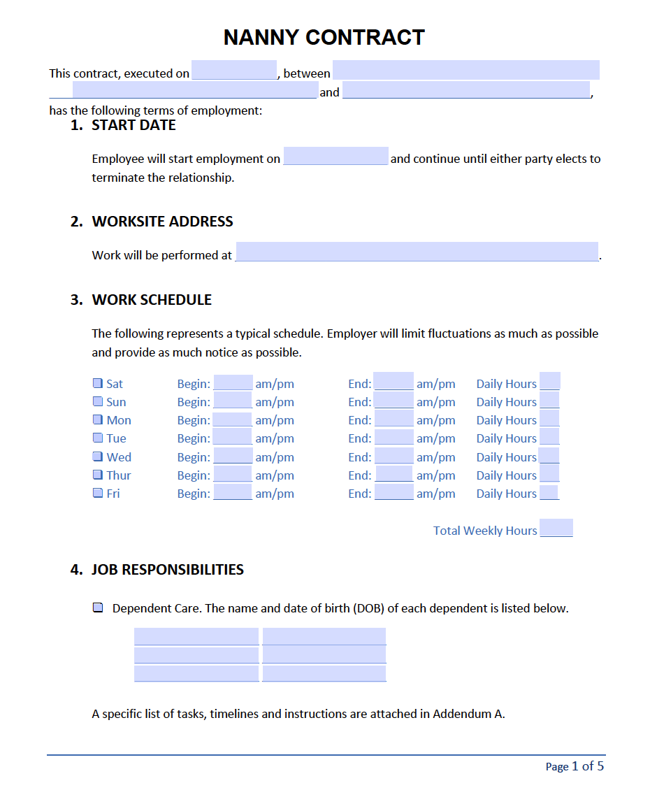 sample nanny agreement template