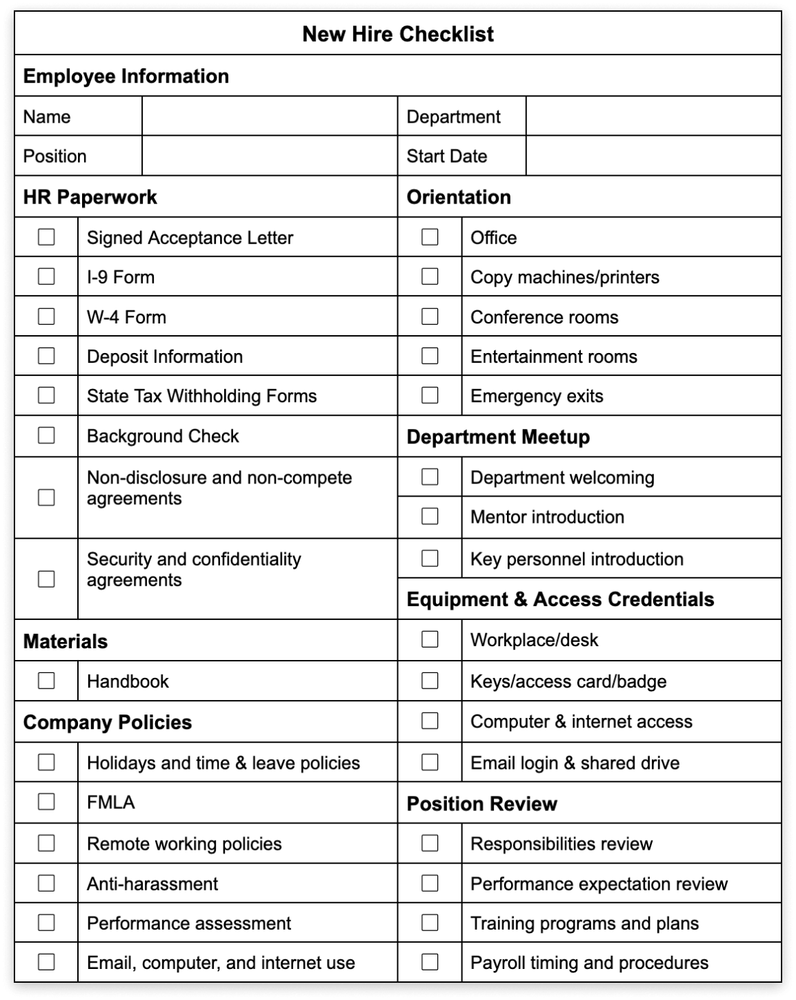 sample new hire checklist template