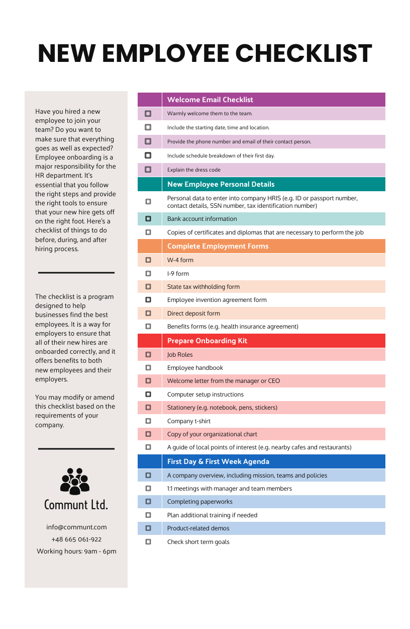 sample employment checklist template