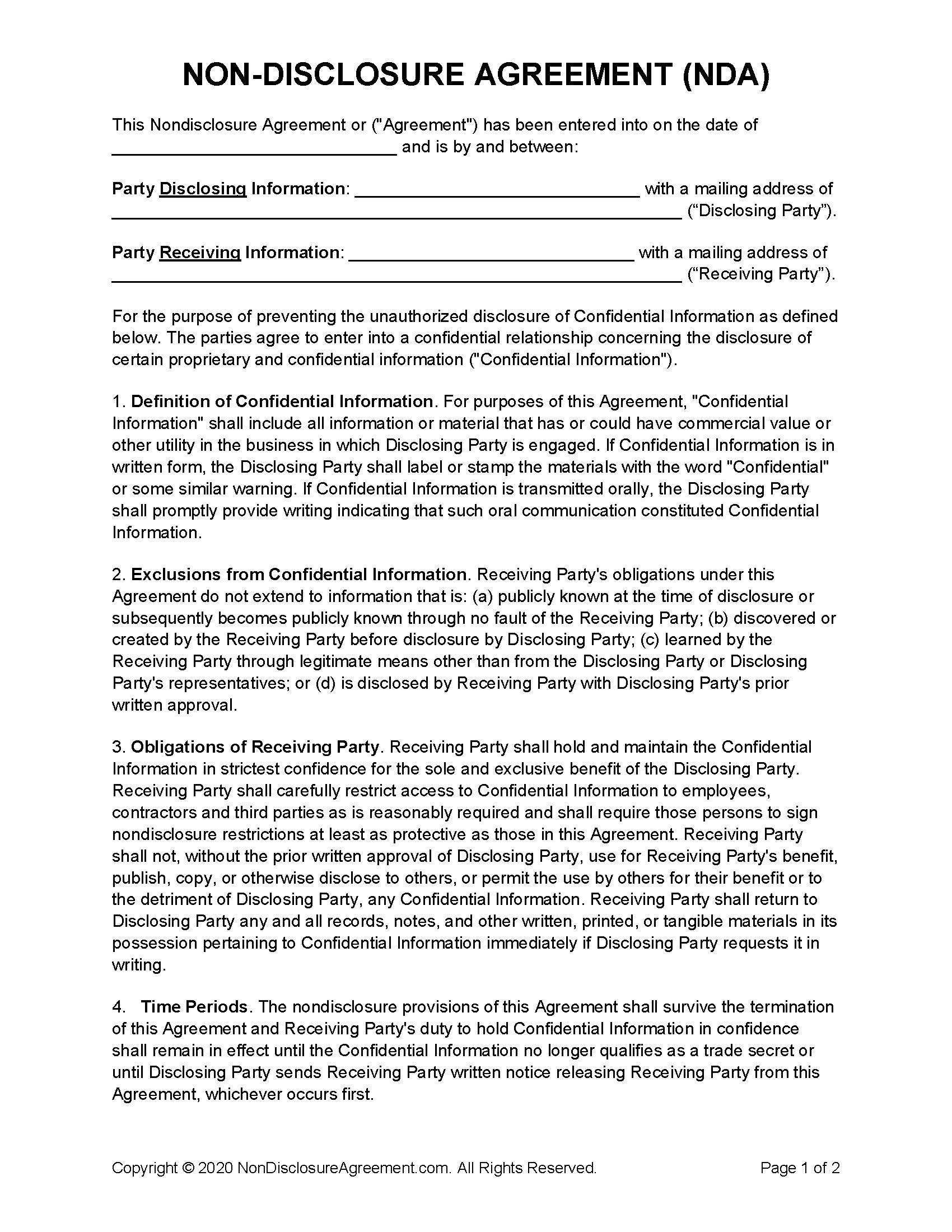 sample confidential disclosure agreement template