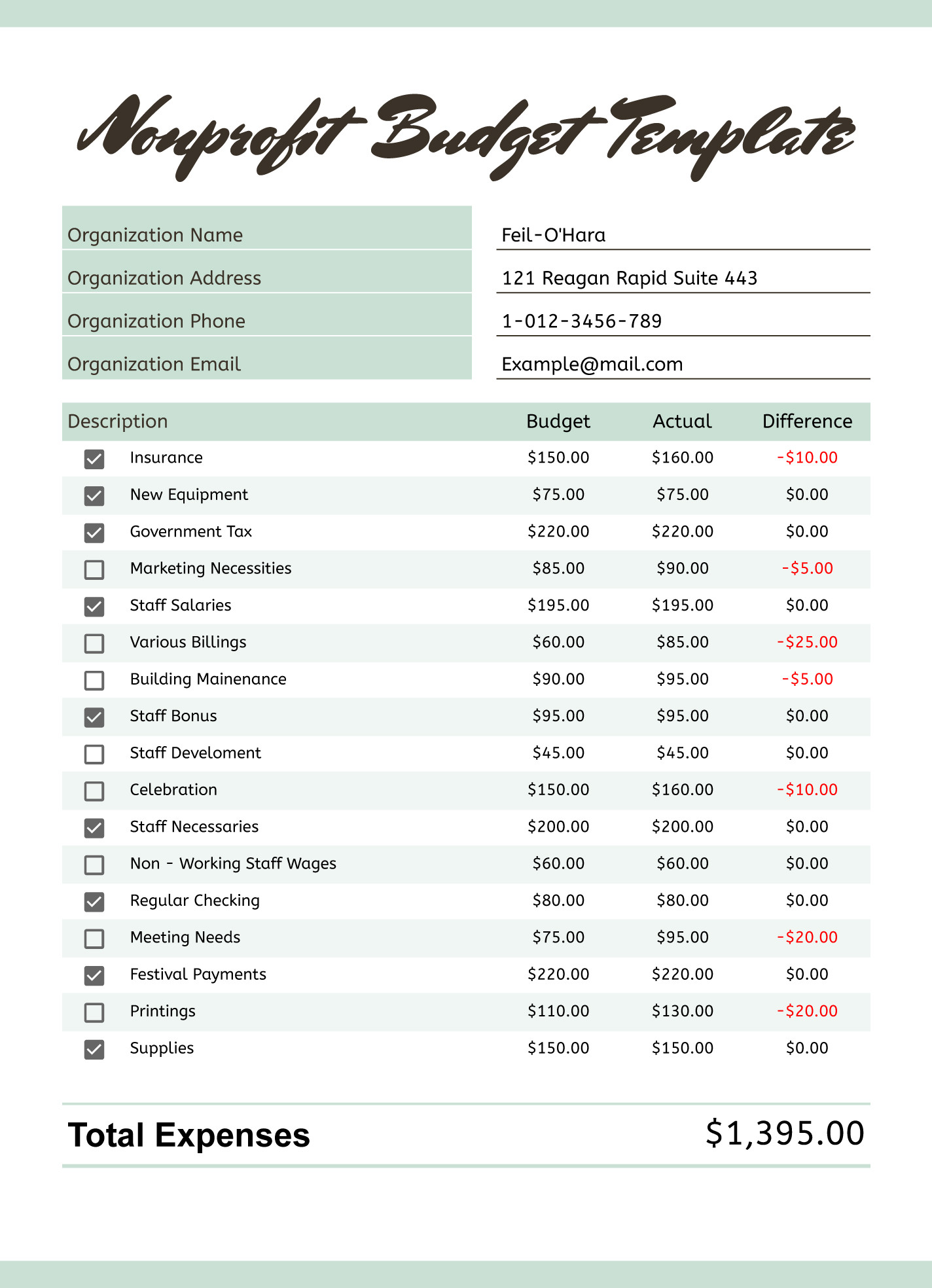 sample organization budget template