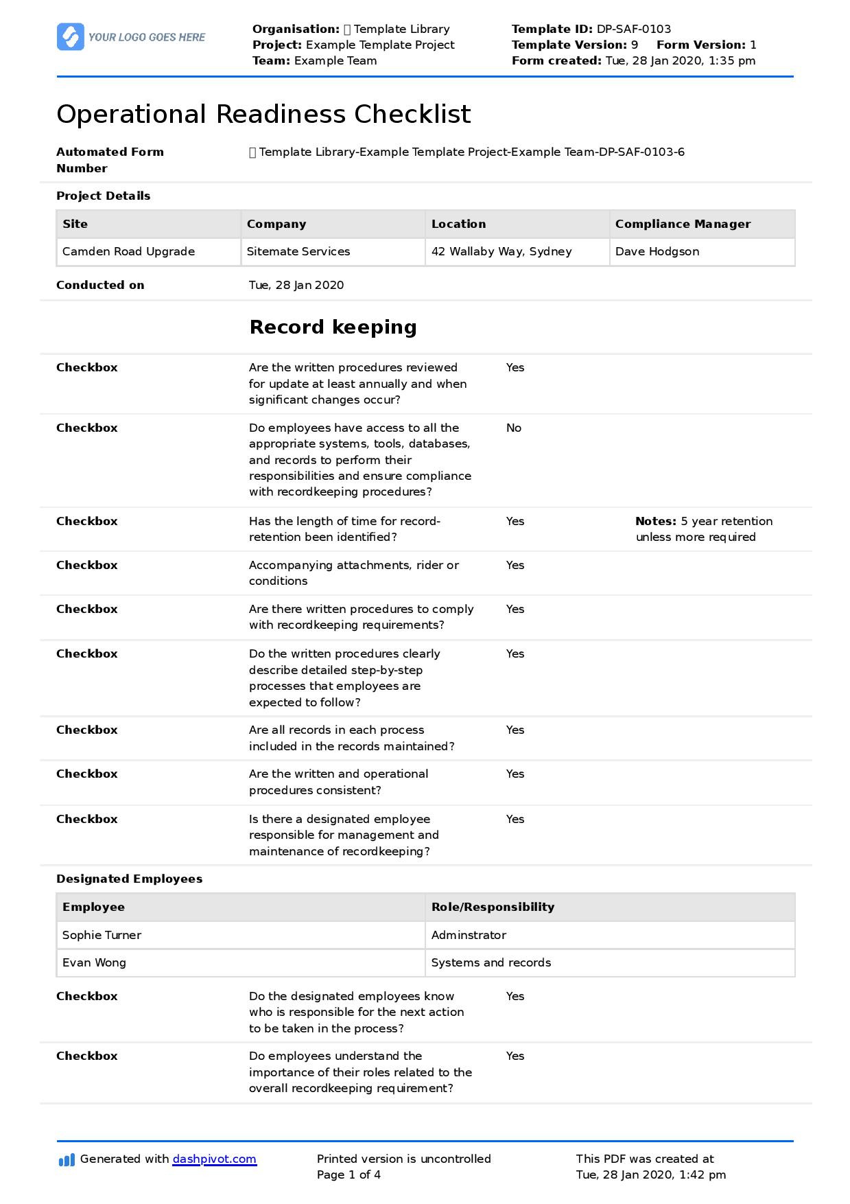 sample operational readiness checklist template