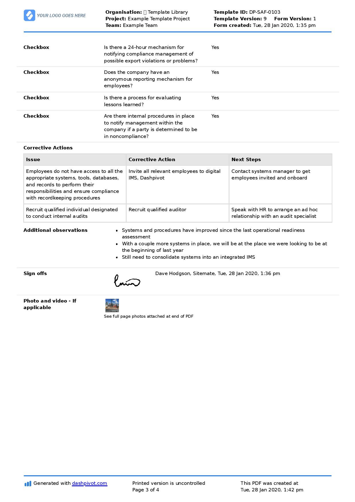 sample operational readiness checklist template