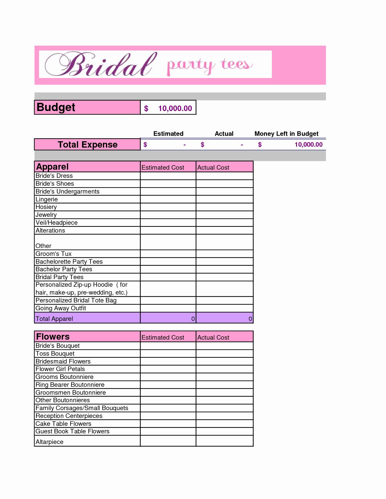 sample bachelorette budget template